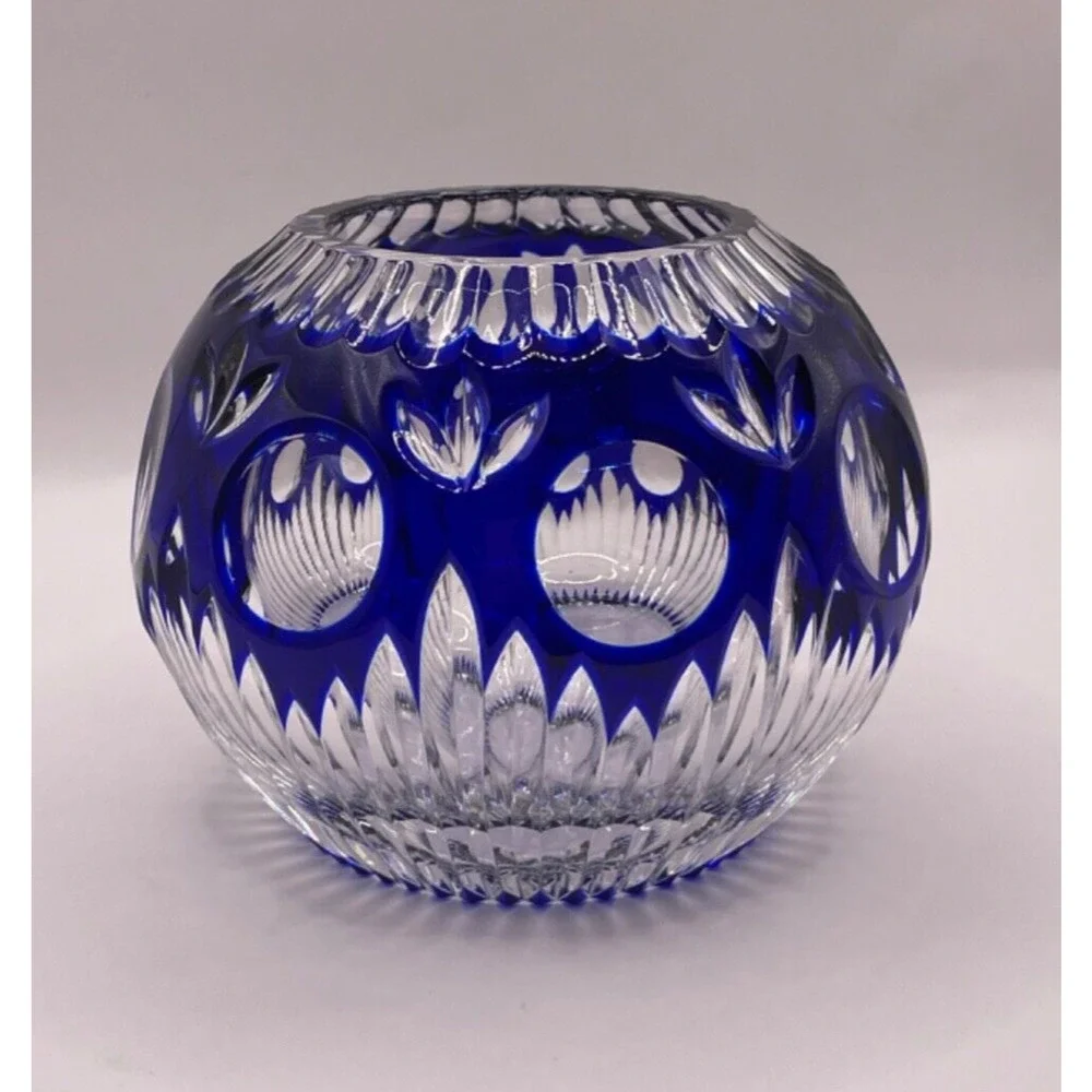 Exquisite Cobalt Blue Cut To Clear Round Crystal Votive Vase 4.5 inches